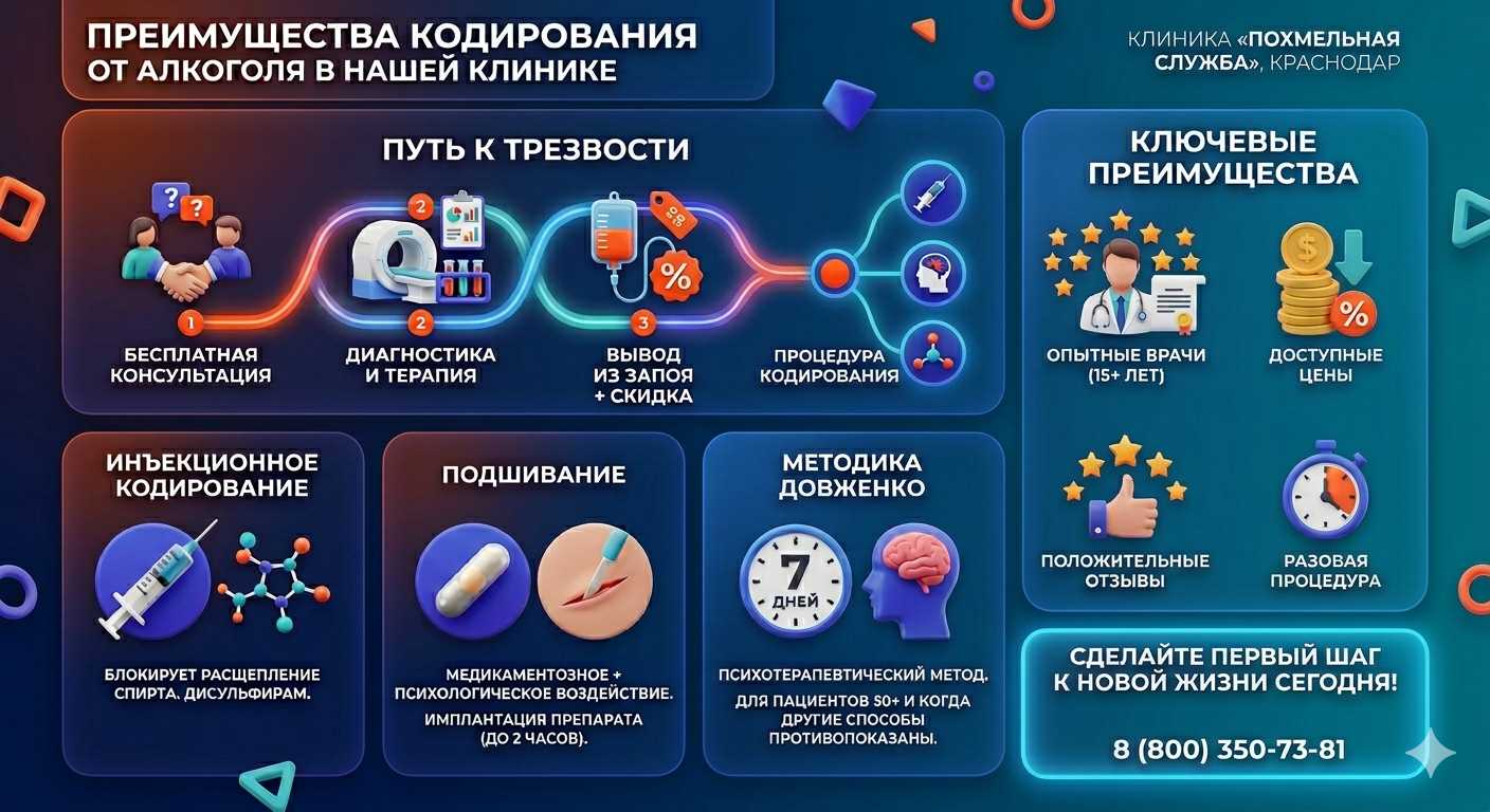 Инфографика о методах кодирования от алкоголя в Никольском: инъекции, подшивание, метод Довженко. Преимущества клиники и этапы лечения.