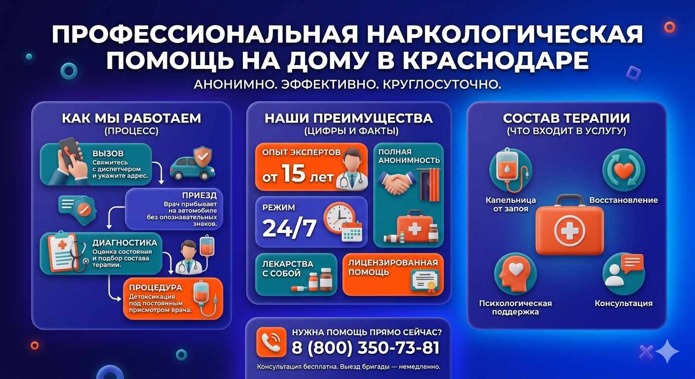 Инфографика о принципах лечения алкоголизма на дому в Никольском: этапы вызова нарколога, преимущества анонимной детоксикации и состав медицинской помощи.